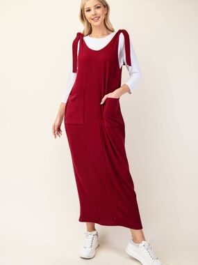 Celeste Ribbed Tie-Shoulder Maxi Dress in Wine